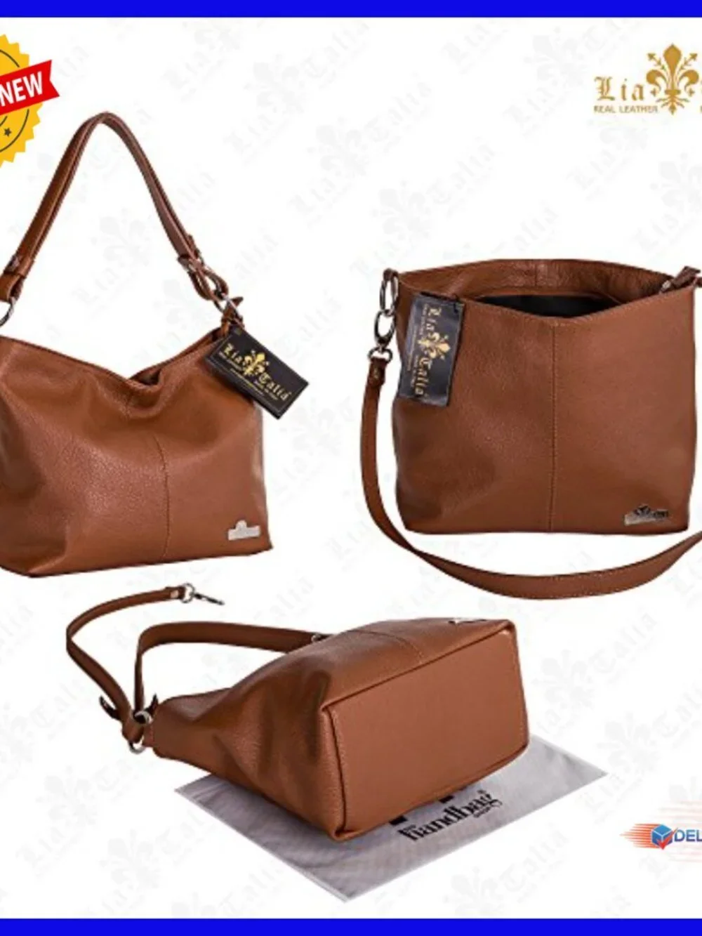 Genuine Leather Hobo Shoulder Bag with Adjustable Strap, Medium Size